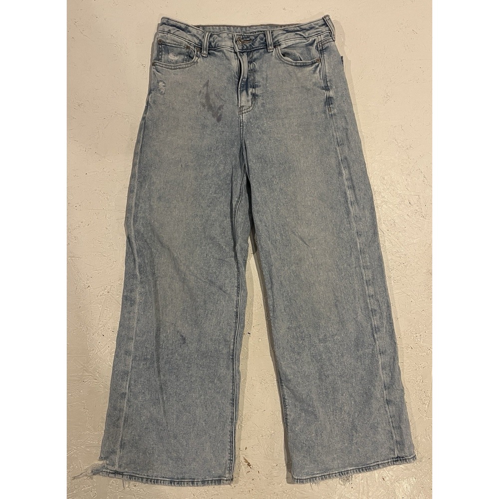 American Eagle Jeans Womens 4 Short Light Wash Baggy Wide Leg Stretch Distressed